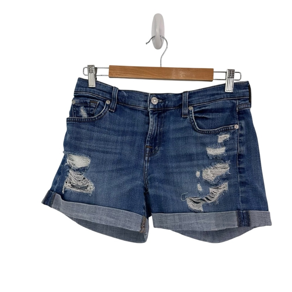 7 For All Mankind Blue Jean Shorts Size 25 Waist Cuff Bottom Distressed
